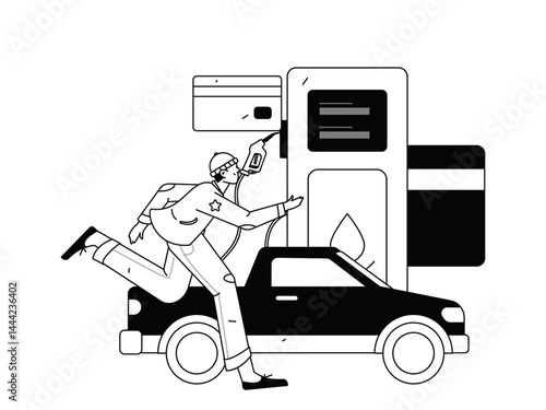 Vector Internet operation hand-drawn illustration of people getting discounts for refueling their cars
