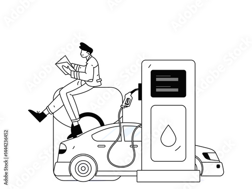 Vector Internet operation hand-drawn illustration of people getting discounts for refueling their cars
