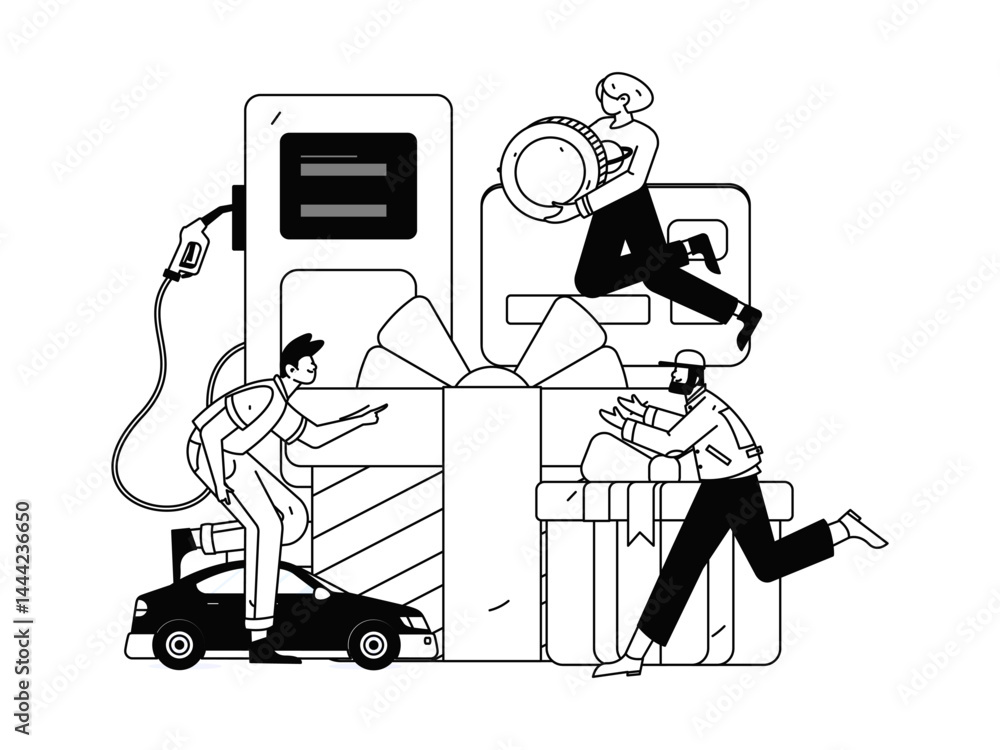 Fototapeta premium Vector Internet operation hand-drawn illustration of people getting discounts for refueling their cars 