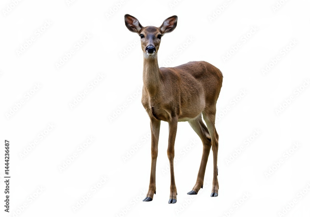 Fototapeta premium A deer standing upright on a white background looking directly at the camera with its ears perked up