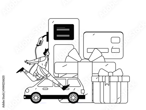 Vector Internet operation hand-drawn illustration of people getting discounts for refueling their cars
