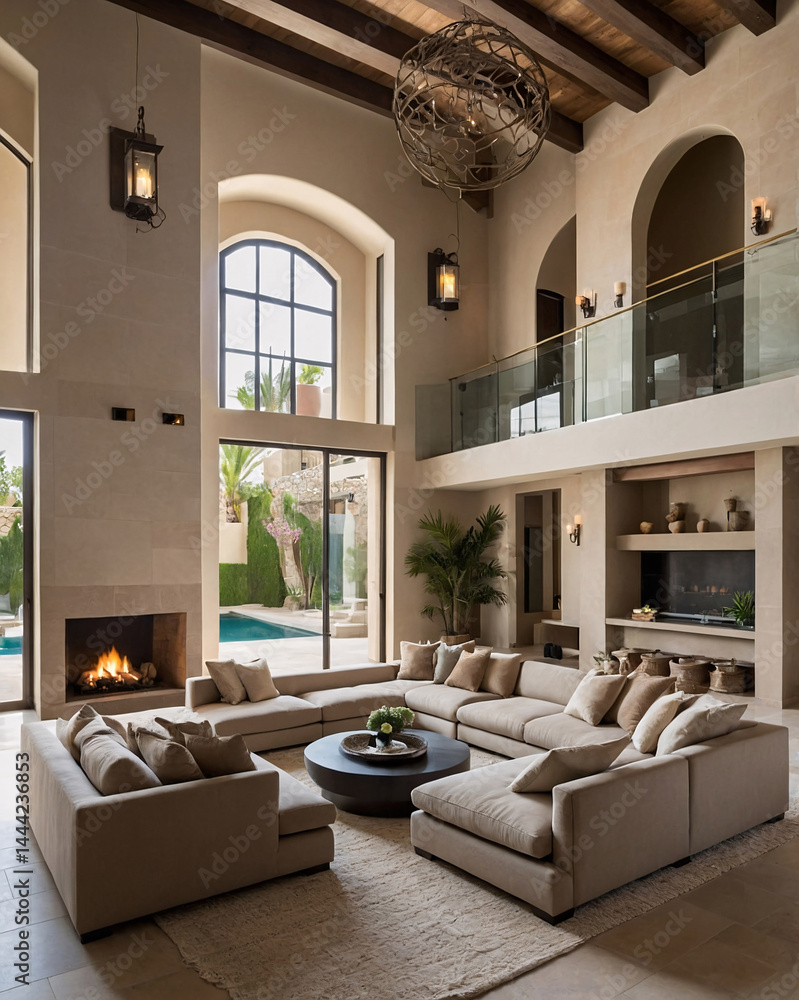 Mediterranean style living room with beige sofa and couch modern stone fireplace wall accents and cozy interior design photography capture premium stock photo interior design Mediterranean style living room with beige sofa and couch modern stone fireplace wall accents and cozy interior design photography capture premium stock photo interior design