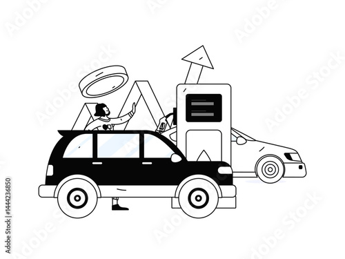 Vector Internet operation hand-drawn illustration of people getting discounts for refueling their cars
