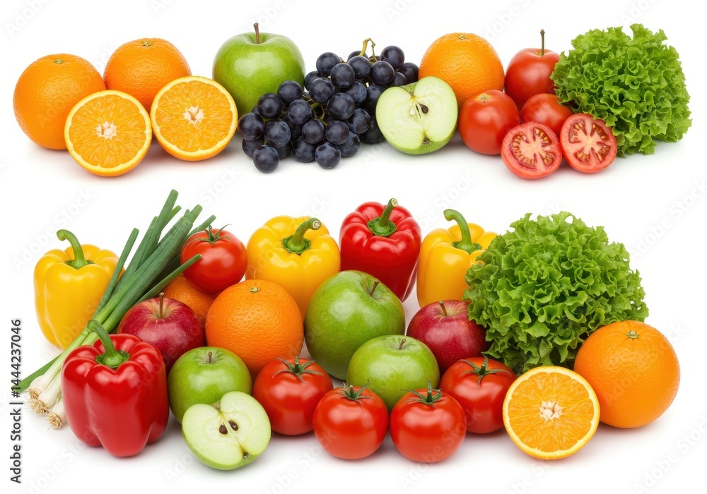 Arrangement of fresh fruits and vegetables including oranges apples tomatoes and bell peppers displayed Arrangement of fresh fruits and vegetables including oranges apples tomatoes and bell peppers displayed