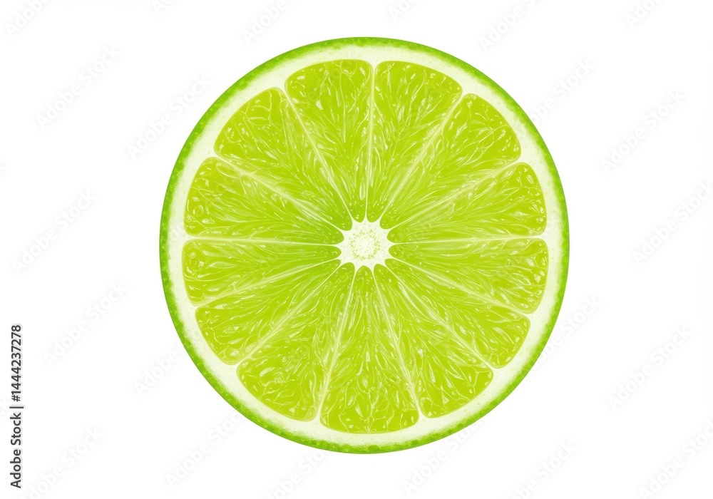 Close up of a sliced lime showing the inner texture and vibrant green color on a white background Close up of a sliced lime showing the inner texture and vibrant green color on a white background