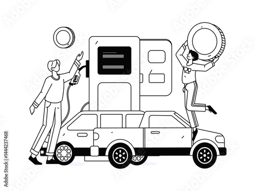 Vector Internet operation hand-drawn illustration of people getting discounts for refueling their cars
