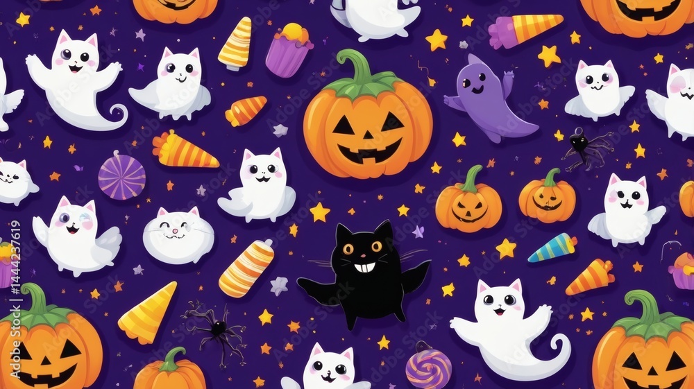 Spooky and Fun Halloween Elements on Purple Background Spooky and Fun Halloween Elements on Purple Background