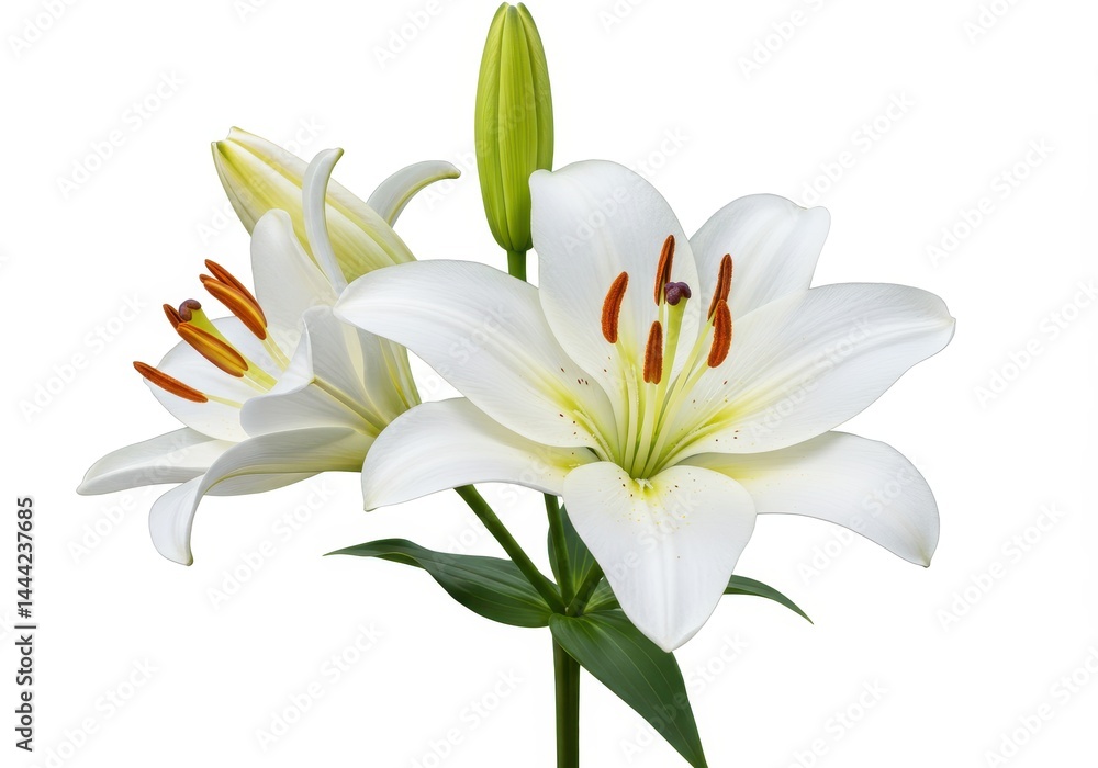 Naklejka premium A close up of a white lily with green leaves and a bud against a white background in bright lighting