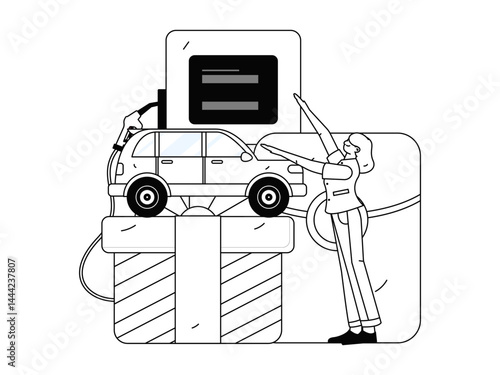 Vector Internet operation hand-drawn illustration of people getting discounts for refueling their cars
