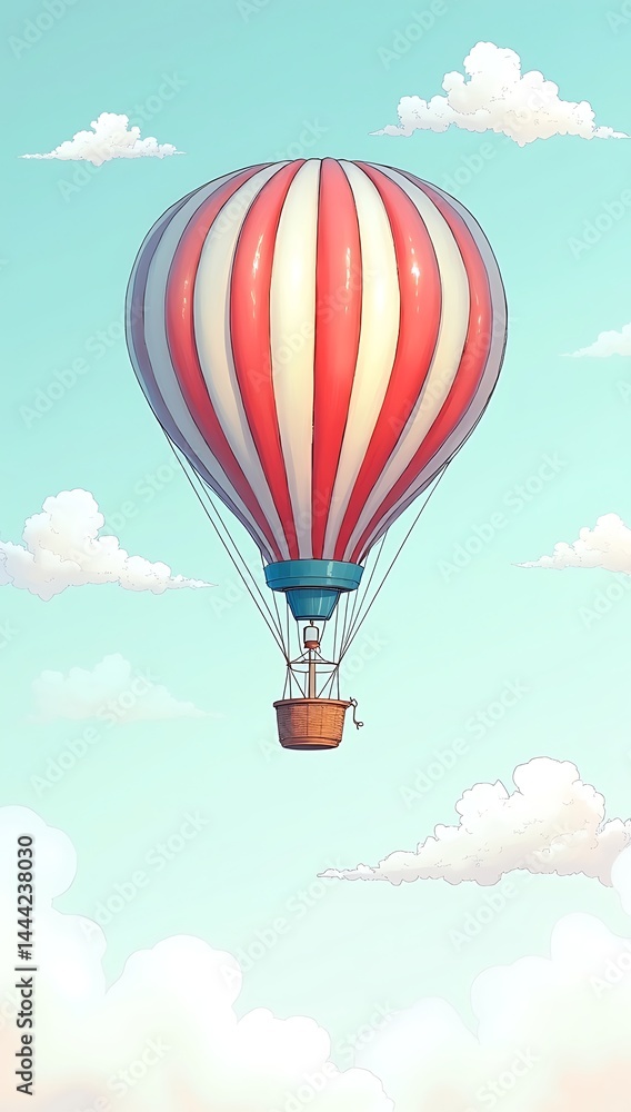 Fototapeta premium A line drawing of a hot air balloon rising into a sky filled with simple clouds, symbolizing dreams and aspiration