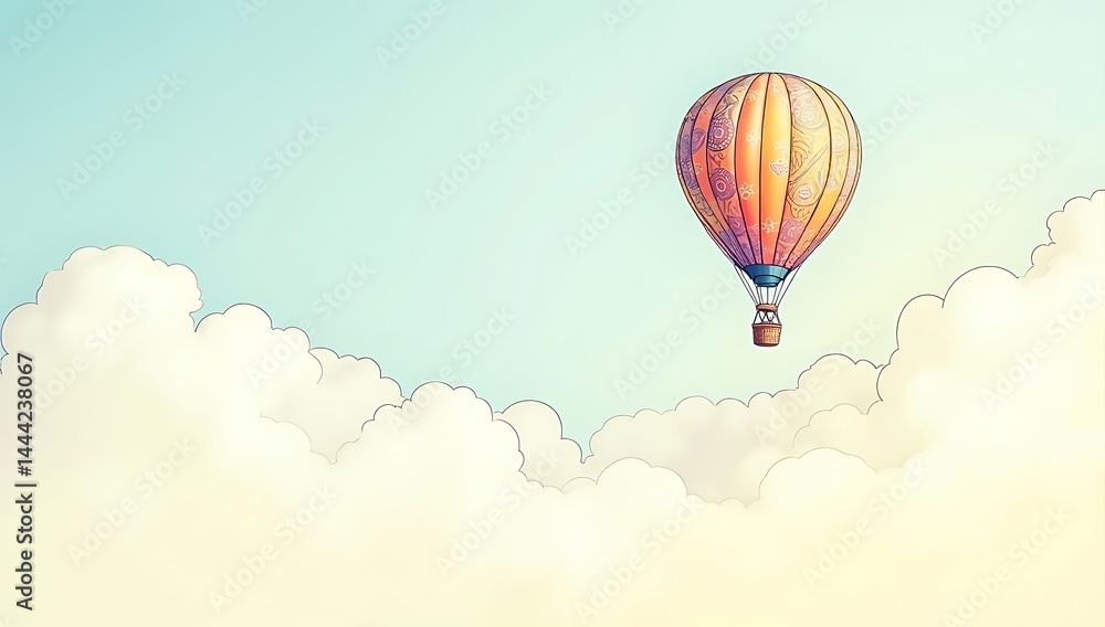 Naklejka premium A line drawing of a hot air balloon rising into a sky filled with simple clouds, symbolizing dreams and aspiration