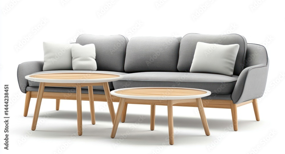 Fototapeta premium Modern gray sofa with wooden coffee tables, white background, living room setting, interior design