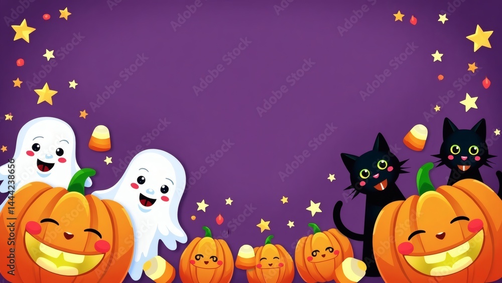 Fototapeta premium Cute Halloween Illustration with Smiling Pumpkin and Ghost 