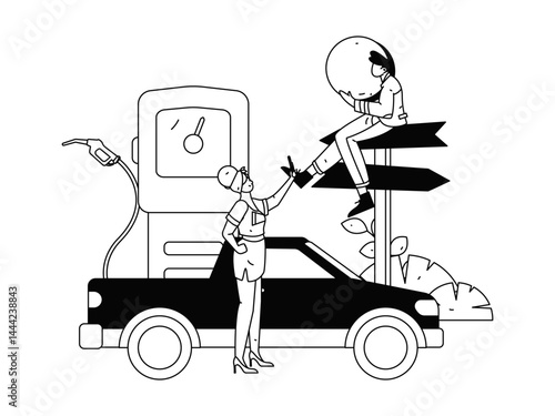 Vector Internet operation hand-drawn illustration of people getting discounts for refueling their cars
