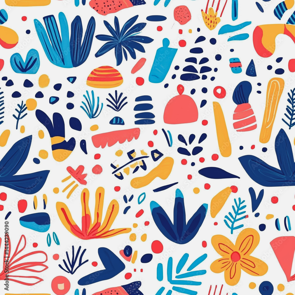Abstract white background with colorful Memphis style seamless pattern. Creative minimalist style art background for children or trendy design with basic shapes. Simple childish scribble backdrop