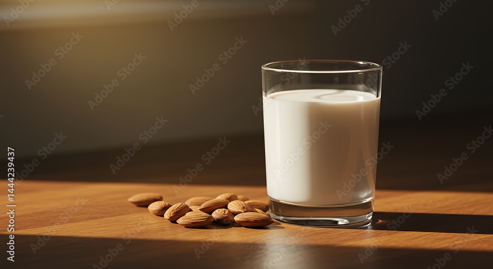 Glass of Almond Milk with Almonds on Wooden Surface in Sunlight