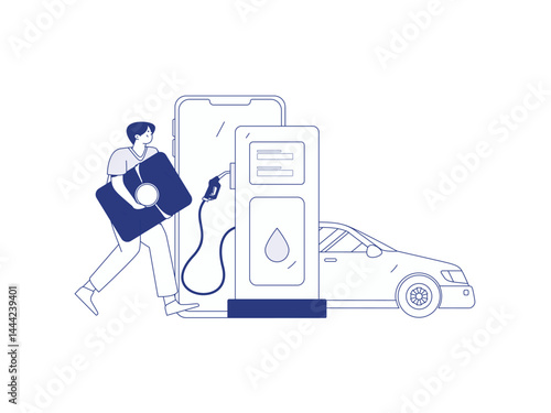 Vector Internet operation hand-drawn illustration of people getting discounts for refueling their cars
