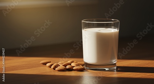 Glass of Almond Milk with Almonds on Wooden Surface in Sunlight