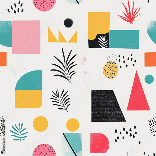 Abstract white background with colorful Memphis style seamless pattern. Creative minimalist style art background for children or trendy design with basic shapes. Simple childish scribble backdrop