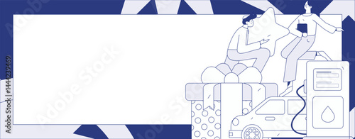 Vector Internet operation hand-drawn illustration of people getting discounts for refueling their cars

