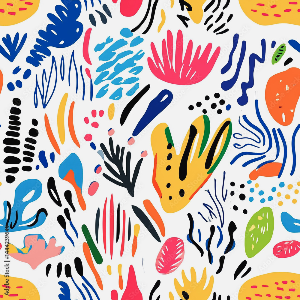 Abstract white background with colorful Memphis style seamless pattern. Creative minimalist style art background for children or trendy design with basic shapes. Simple childish scribble backdrop