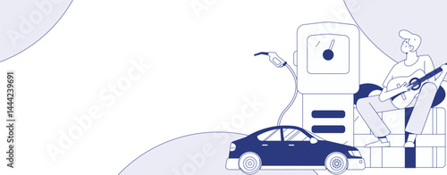 Vector Internet operation hand-drawn illustration of people getting discounts for refueling their cars
