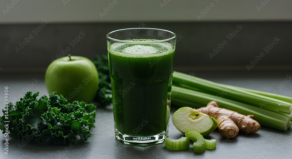 Green Juice Still Life with Apple Kale Celery and Ginger