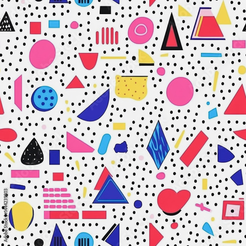 Obraz na płótnie Abstract white background with colorful Memphis style seamless pattern. Creative minimalist style art background for children or trendy design with basic shapes. Simple childish scribble backdrop w salonie