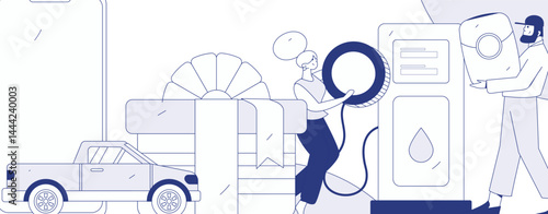 Vector Internet operation hand-drawn illustration of people getting discounts for refueling their cars
