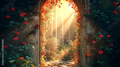 Sunlit archway, stone, overgrown with red roses, leading to a magical garden path