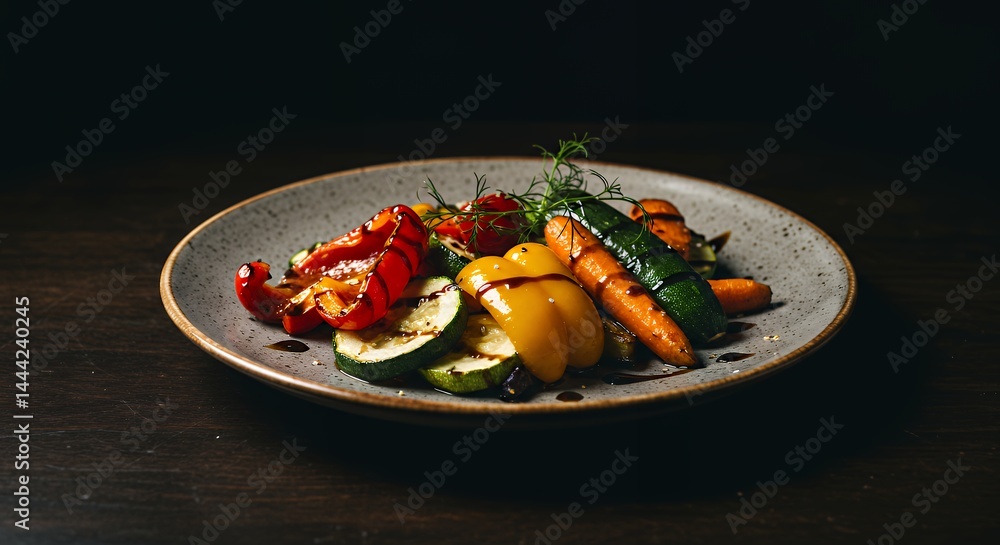 Grilled Vegetables with Balsamic Glaze Served on a Speckled Plate