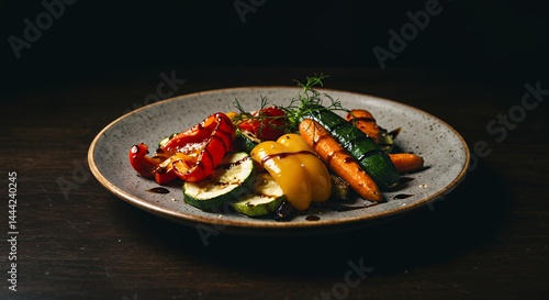 Obraz na płótnie Grilled Vegetables with Balsamic Glaze Served on a Speckled Plate w salonie