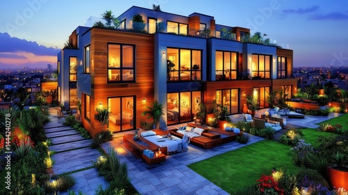 Luxury Townhouses at Dusk: Modern Architecture and Serene Landscaping