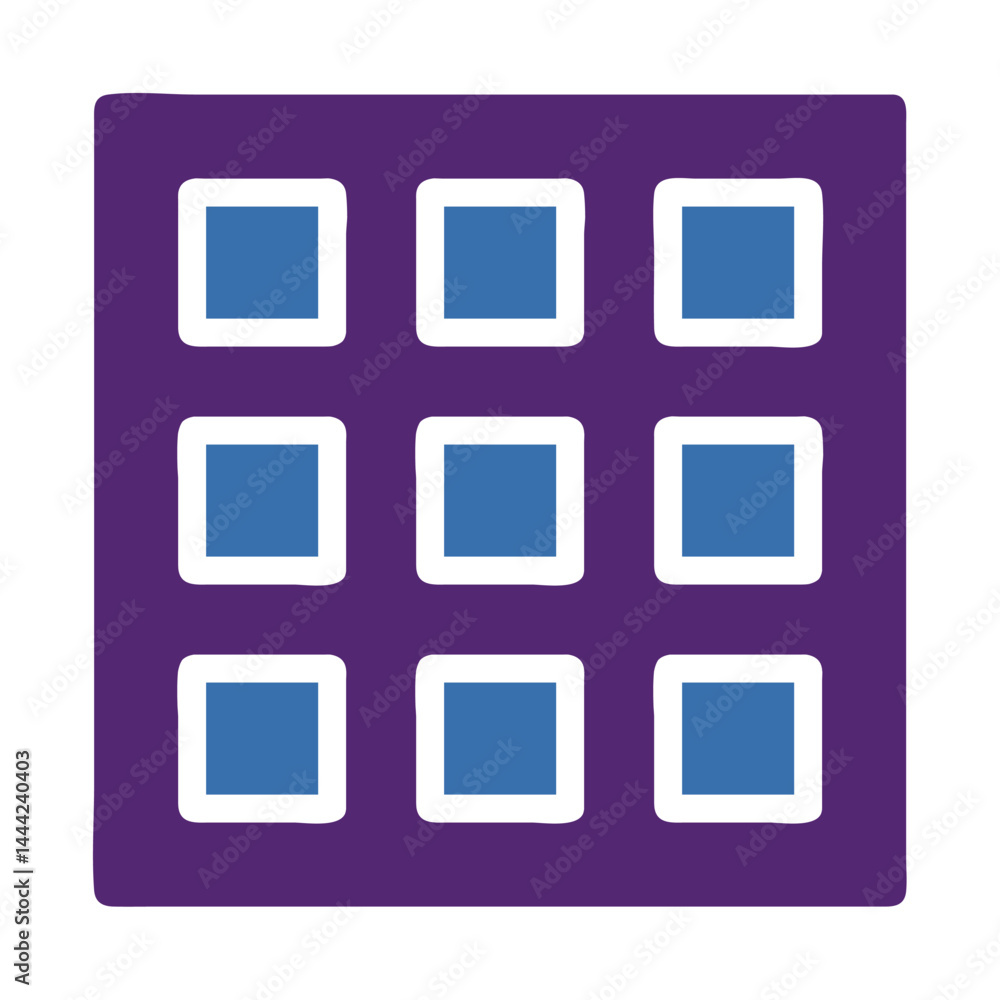 Abstract Arrangement: Nine Blue Squares in White Borders on a Purple Backdrop Abstract Arrangement: Nine Blue Squares in White Borders on a Purple Backdrop