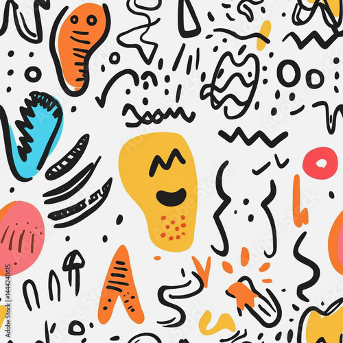 Abstract white background with colorful Memphis style seamless pattern. Creative minimalist style art background for children or trendy design with basic shapes. Simple childish scribble backdrop