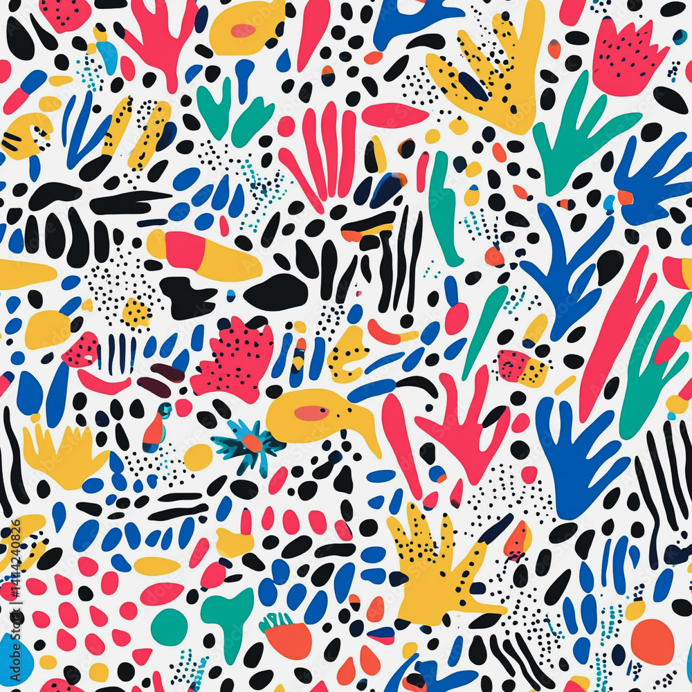 Abstract white background with colorful Memphis style seamless pattern. Creative minimalist style art background for children or trendy design with basic shapes. Simple childish scribble backdrop