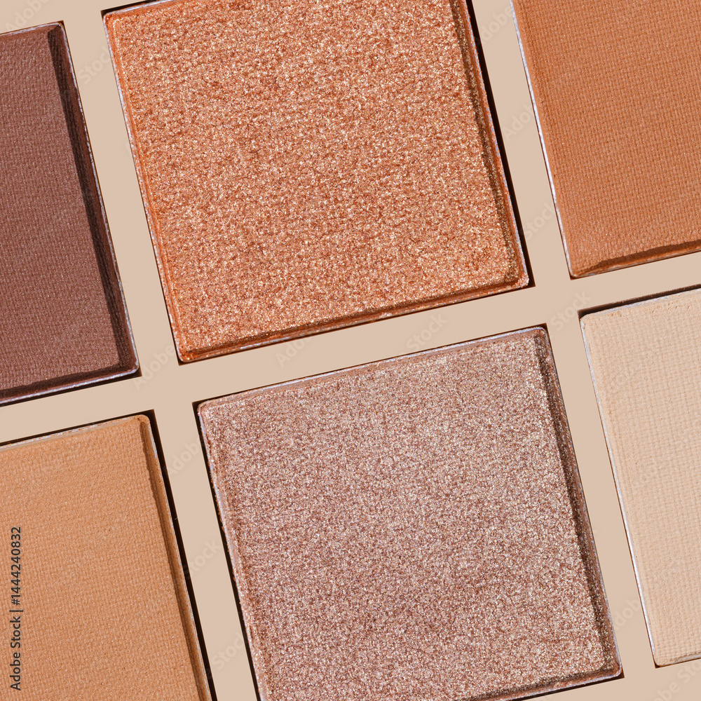 Eyeshadow palette, mix of matte and shimmer shades in brown, nude, orange hues. Aesthetic top view pattern for beauty, makeup, cosmetics themes, Neutral color swatches eyeshade refills square shape