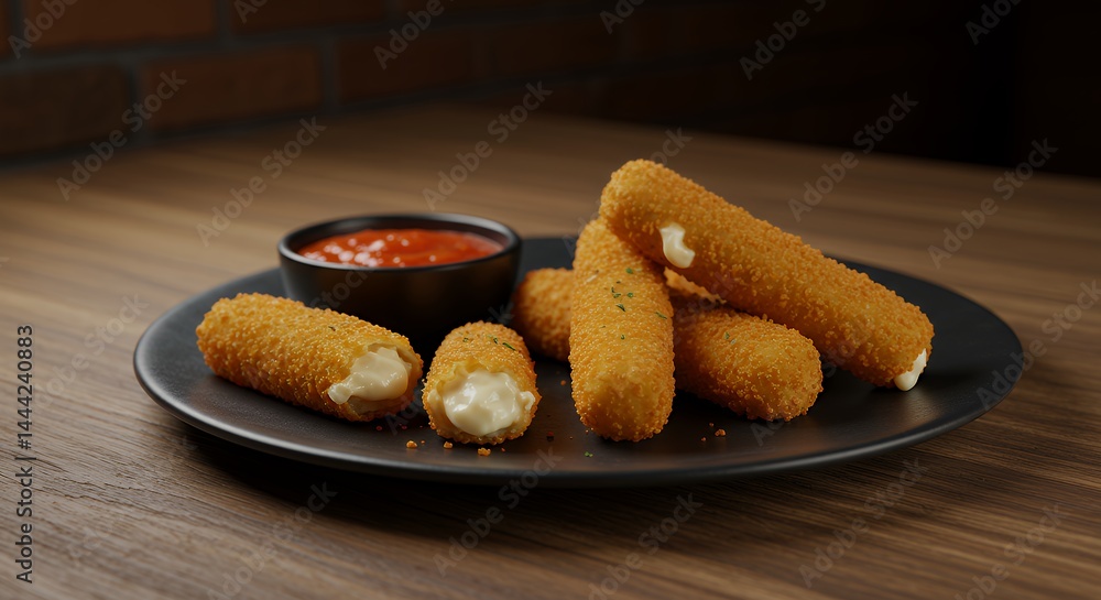 Mozzarella Sticks Served with Tomato Dipping Sauce on Dark Plate