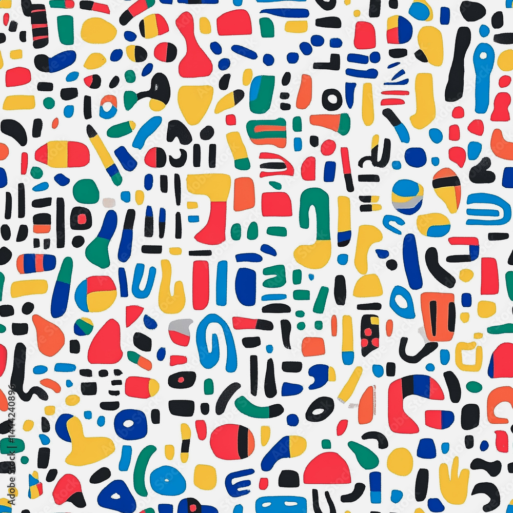 Abstract white background with colorful Memphis style seamless pattern. Creative minimalist style art background for children or trendy design with basic shapes. Simple childish scribble backdrop