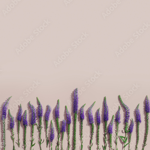 Obraz na płótnie Natural blooming Purple close up flowers as trend minimal layout on pale pink light background, minimal trend aesthetic floral overview photo. Beautiful nature still life with wildflowers Veronica w salonie