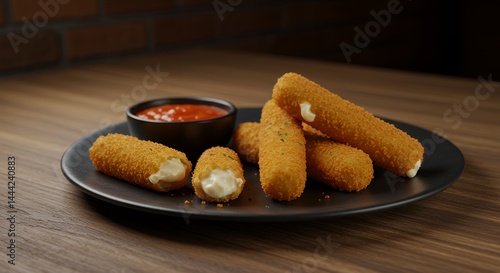 Obraz na płótnie Mozzarella Sticks Served with Tomato Dipping Sauce on Dark Plate w salonie