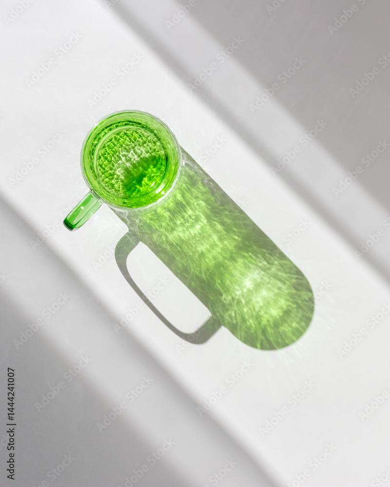 Green colored glass cup with artistic light reflections and caustics on white table. Clear mug for tea and coffee at sunlight with window shadow, summer drink concept, minimal style photo, copyspace