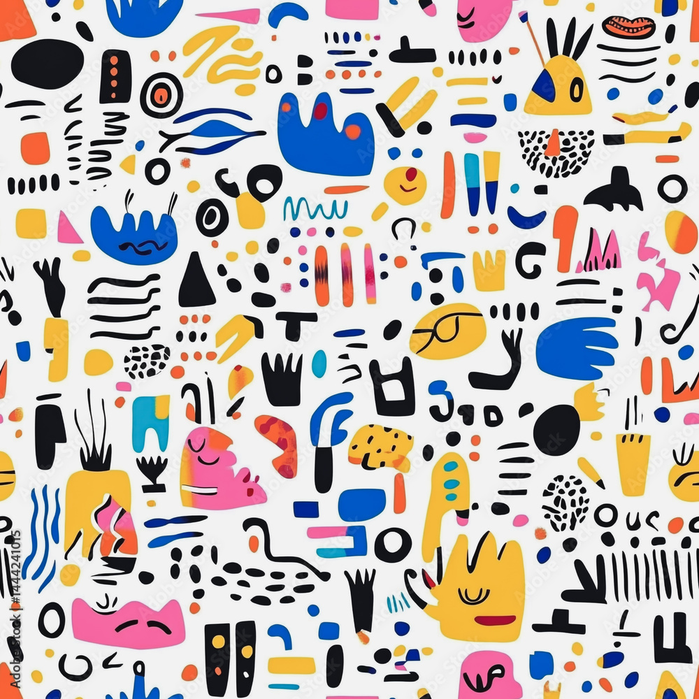 Abstract white background with colorful Memphis style seamless pattern. Creative minimalist style art background for children or trendy design with basic shapes. Simple childish scribble backdrop