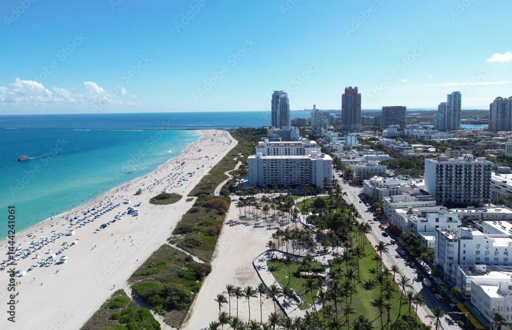 Miami Beach aerial view with skyline. Miami from above. Miamis famous landmarks. South Pointe beach with skyscrapers. Miami city panorama. Summer vacation on Miami Beach.
