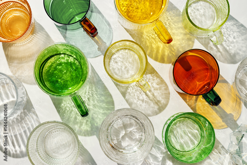 Vibrant set of colorful glass cups on white background, casting artistic light reflections and shadows in natural sunlight. Summer drink concept, minimal pattern of transparent glasses