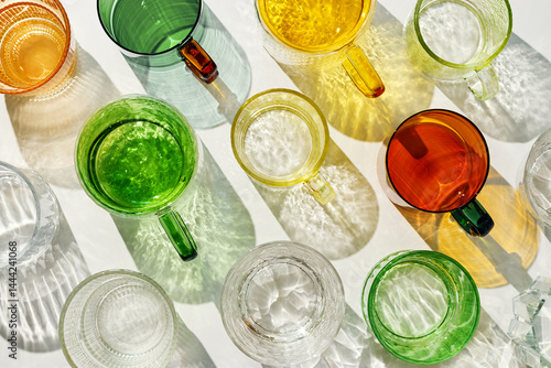 Obraz na płótnie Vibrant set of colorful glass cups on white background, casting artistic light reflections and shadows in natural sunlight. Summer drink concept, minimal pattern of transparent glasses w salonie