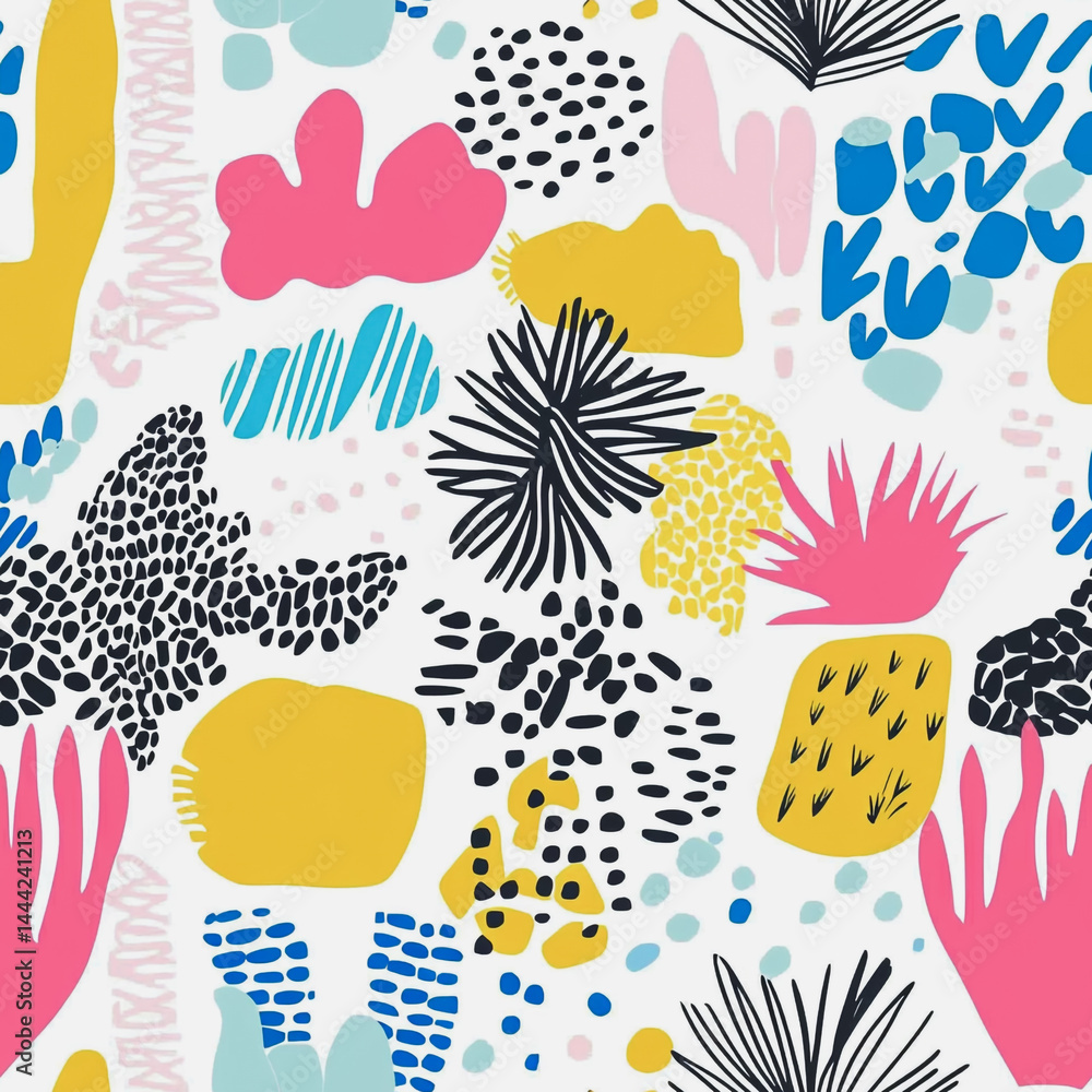 Abstract white background with colorful Memphis style seamless pattern. Creative minimalist style art background for children or trendy design with basic shapes. Simple childish scribble backdrop