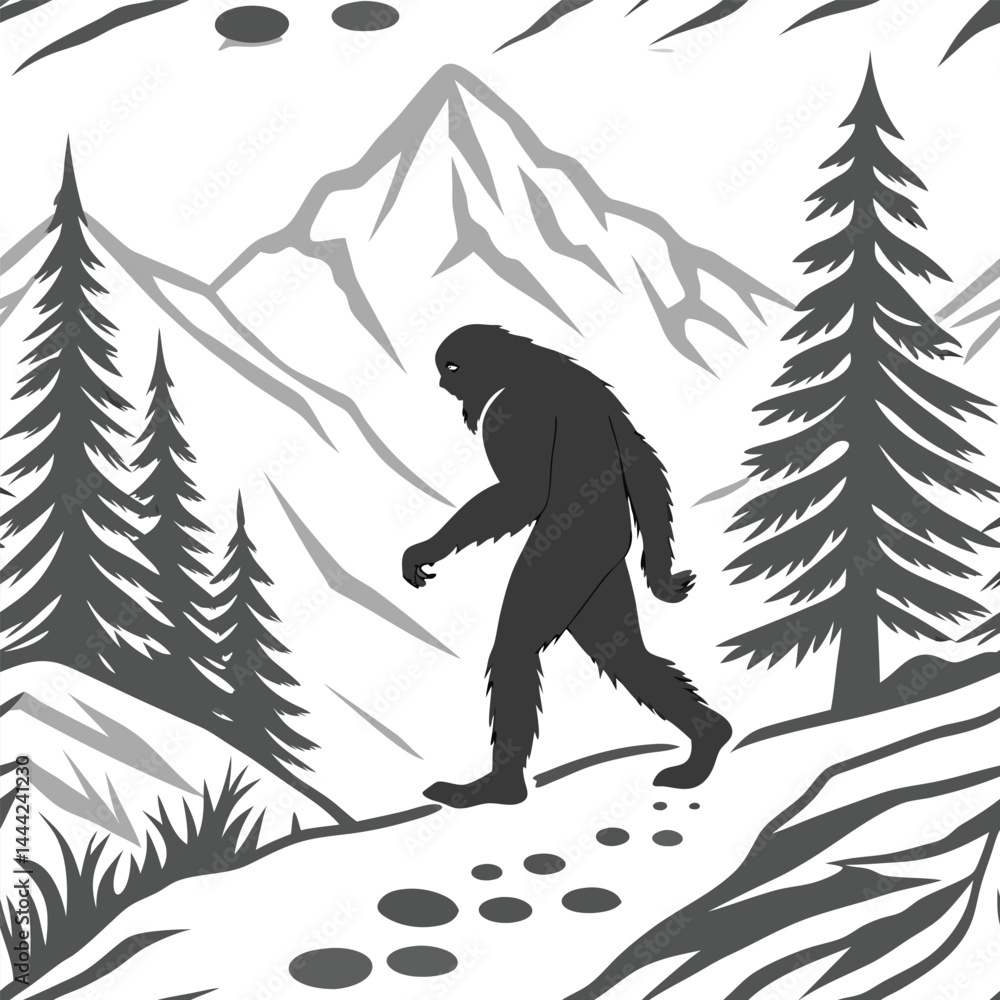 Fototapeta premium Epic Bigfoot Silhouette Vector Collection Featuring Forest, Mountain, and Mythical Cryptid Scenes in Minimalist Black Style