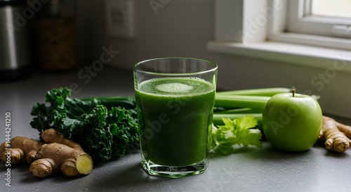 Preparing Healthy Green Smoothie with Fresh Vegetables and Apple
