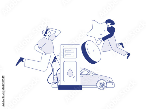 Vector Internet operation hand-drawn illustration of people getting discounts for refueling their cars
